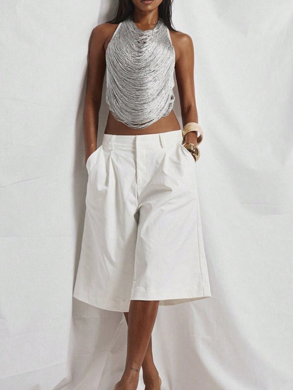 Silver Party Women's Draped Fringe High Cowl Open Back Top - Picture 3 of 6